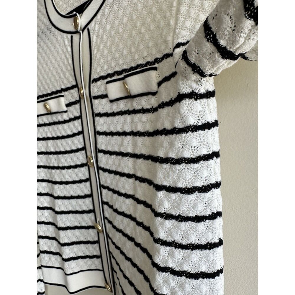 Ann Taylor SP Black White Striped Pointelle Knit Lady Jacket Cardigan - Picture 6 of 13